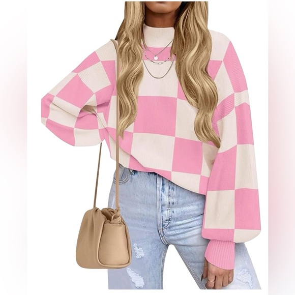 Zesica Pink & Cream Checker Pattern Long Sleeve crew Neck Sweater Size Medium - Picture 1 of 9